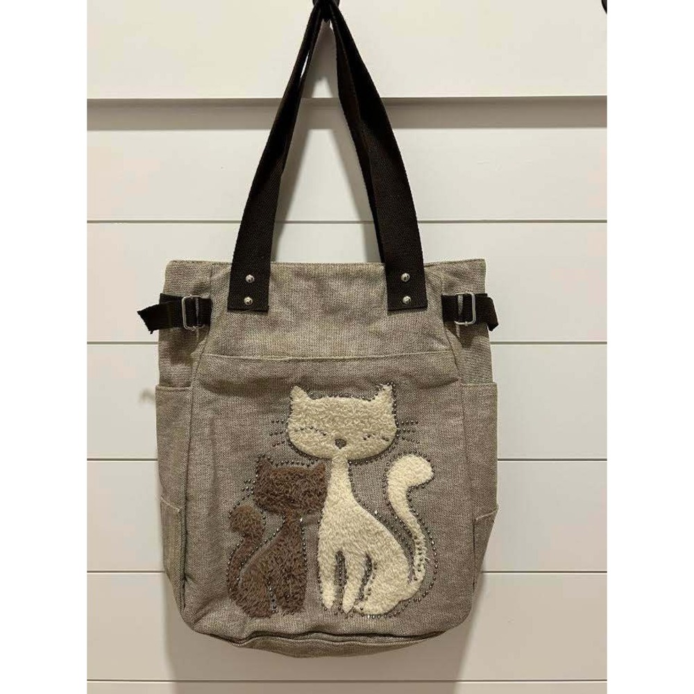 Canvas Tote Bag Furry Cat Applique Bling Shoulder Bag Pockets Whimsical Brown